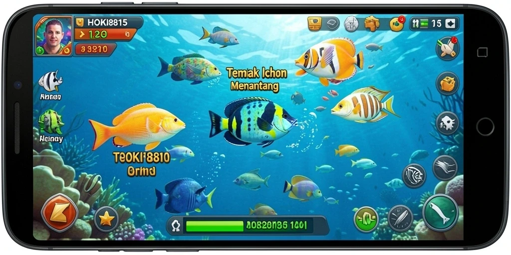 Tampilan gameplay HOKI8815 yang memukau dengan aksi menembak ikan.