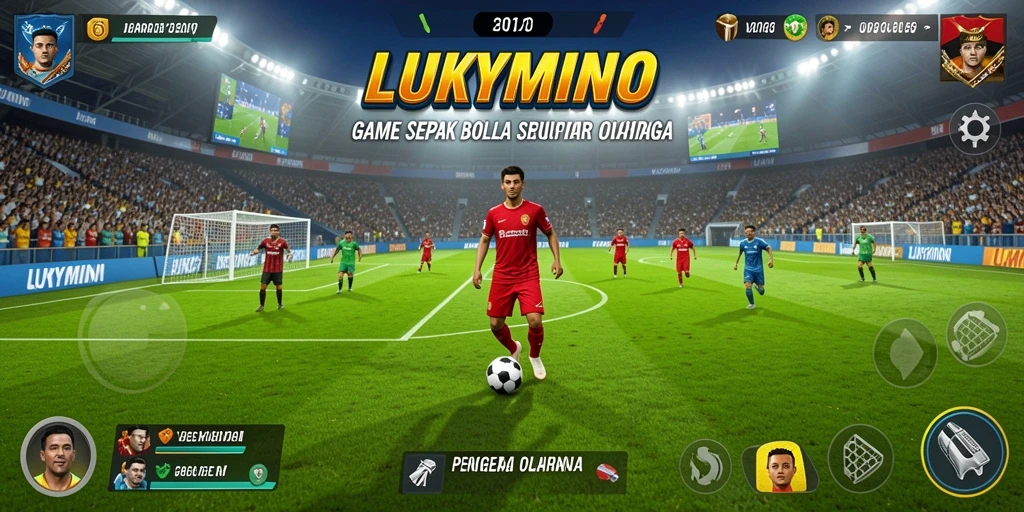 Gambaran gameplay LUKYMINO dengan aksi sepak bola yang intens.