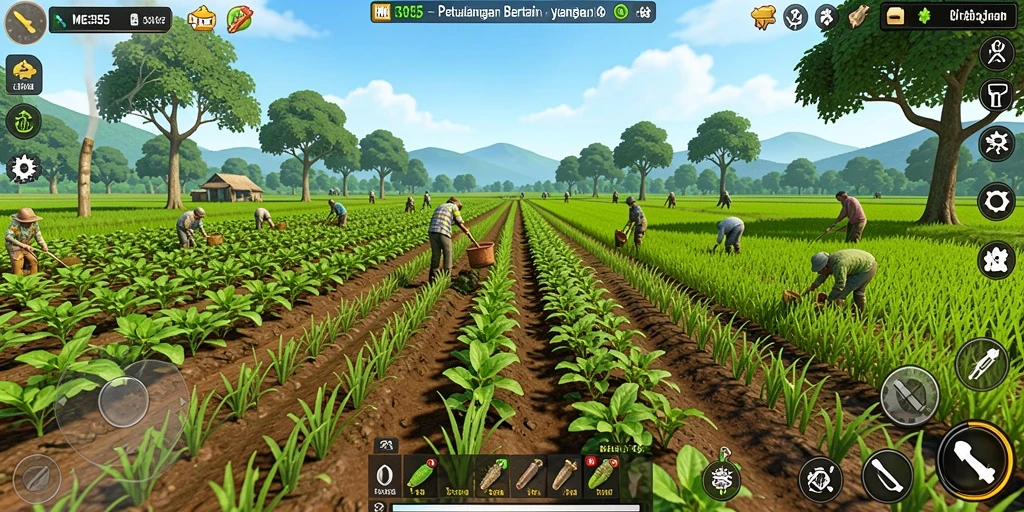 Screenshot dari gameplay ME355 yang menunjukkan aktivitas pertanian seru.