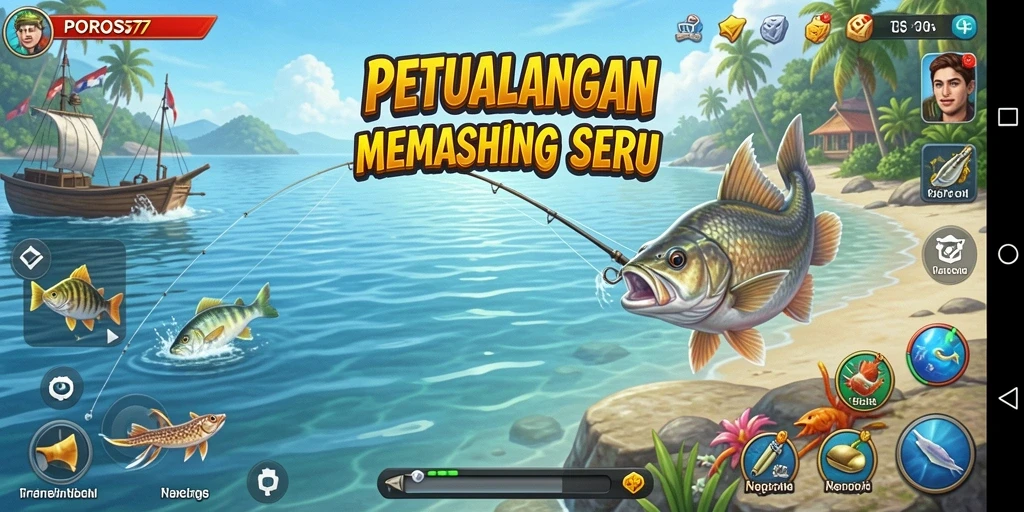 Screenshot utama POROS77 menunjukkan gameplay memancing yang mendebarkan.