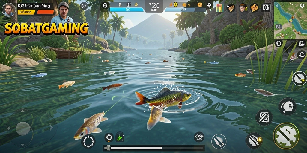 Gameplay SOBATGAMING yang menarik dan mendebarkan saat memancing.